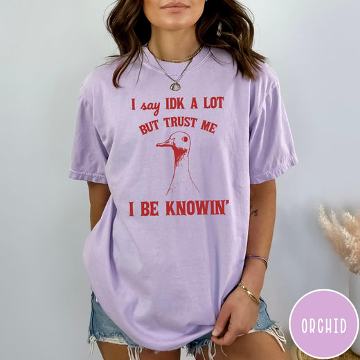 Comfort Colors tee in Orchid featuring screen printed duck graphic and I Say Idk text design