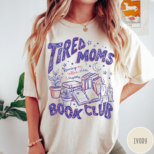 Comfort Colors tee in Ivory featuring book club graphic with plants, candles, and reading related text