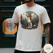 Comfort Colors tee in Ivory featuring vintage style graphic of a beagle sitting in a forest scene