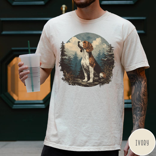 Comfort Colors tee in Ivory featuring vintage style graphic of a beagle sitting in a forest scene
