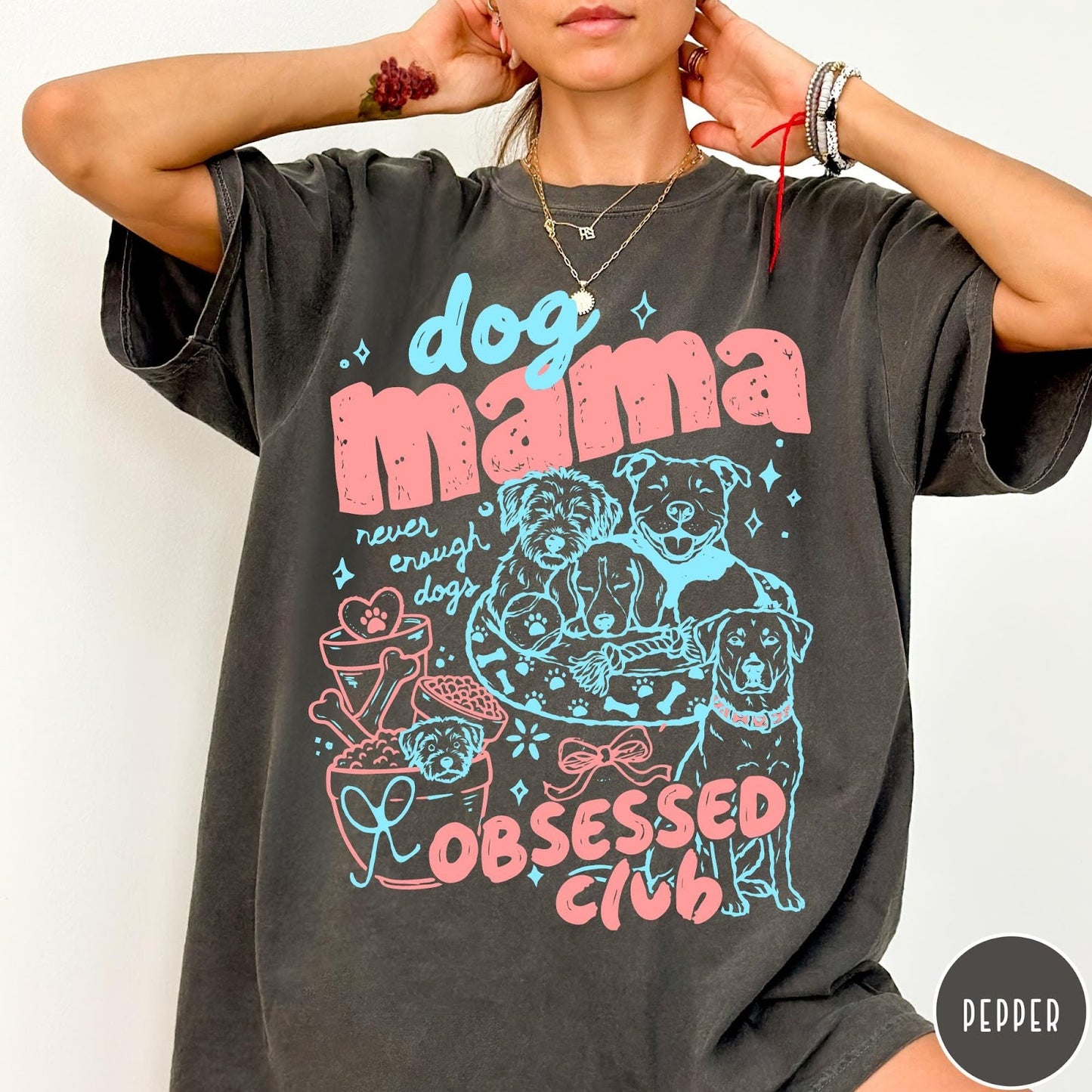 Comfort Colors tee in Pepper featuring dog mom design style with multiple dog breeds and accessories