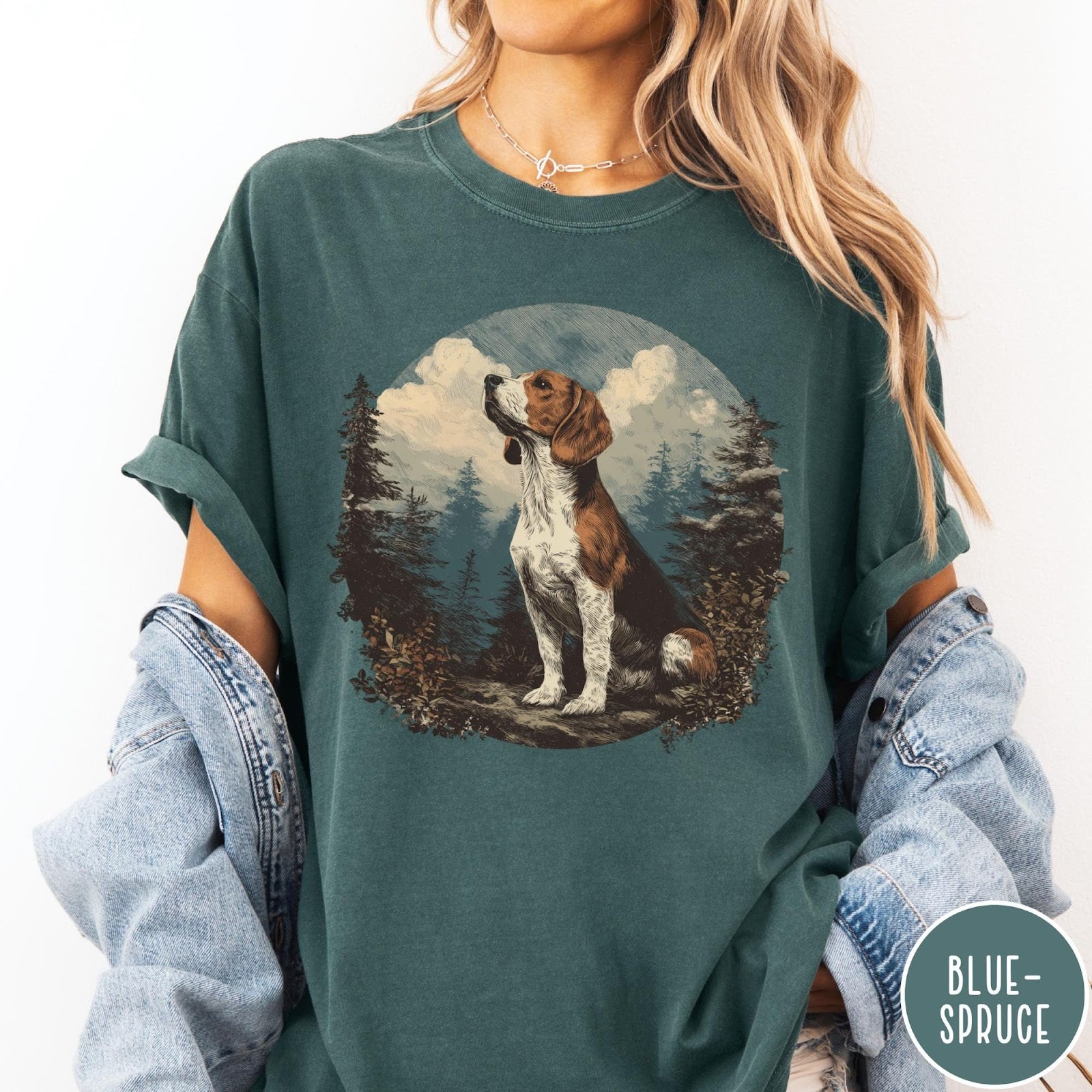 Comfort Colors tee in Blue Spruce featuring vintage style graphic of a beagle sitting in a forest