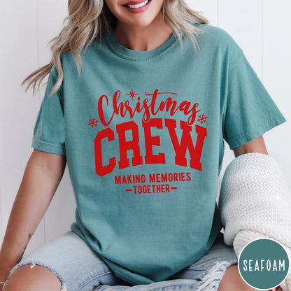 Comfort Colors tee in Seafoam featuring Christmas family gathering graphic with text Christmas Crew Making Memories Together