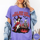 Comfort Colors tee in Violet featuring witch and skeleton graphic with a boiling cauldron and spooky text