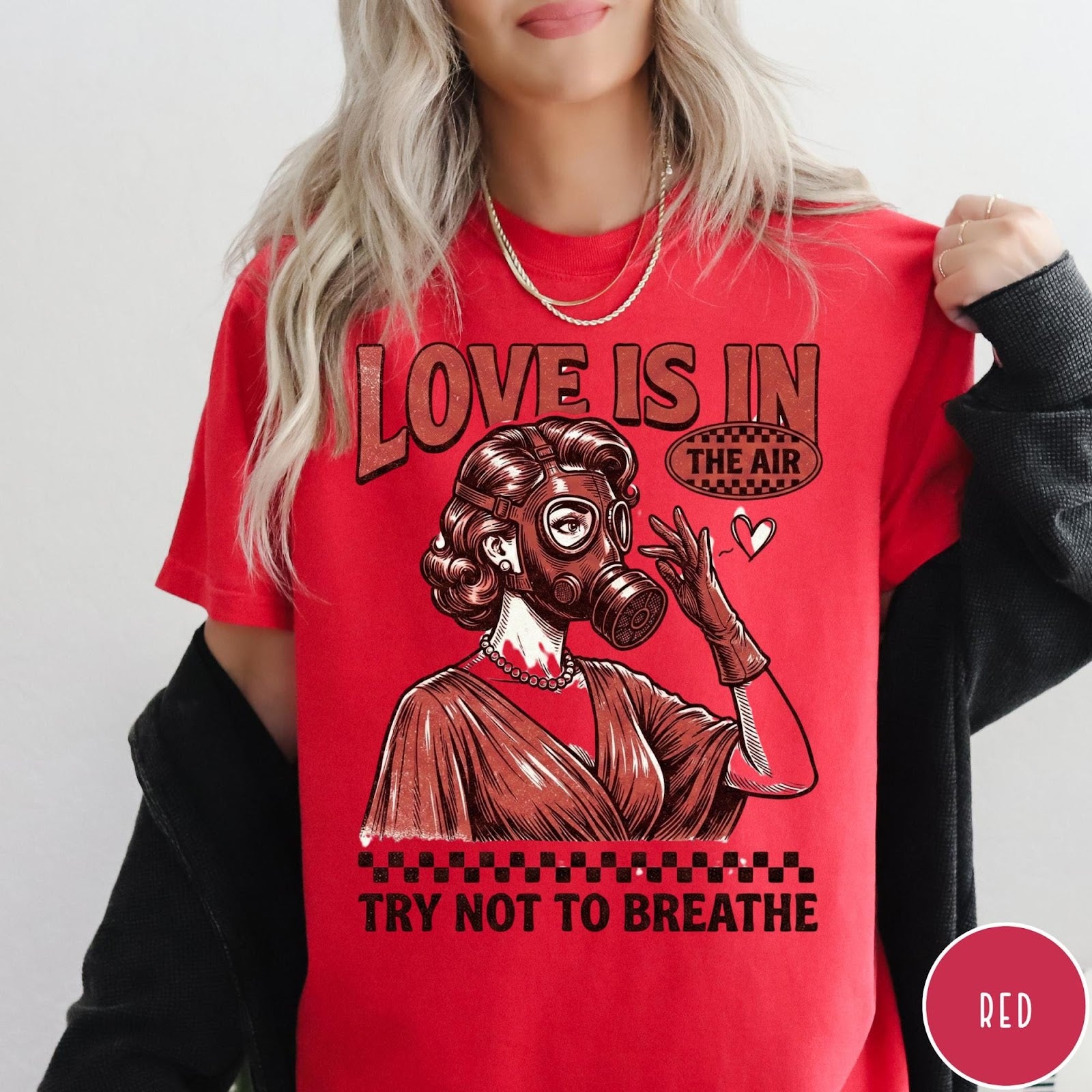 Comfort Colors tee in Red featuring retro graphic design of a woman wearing a gas mask