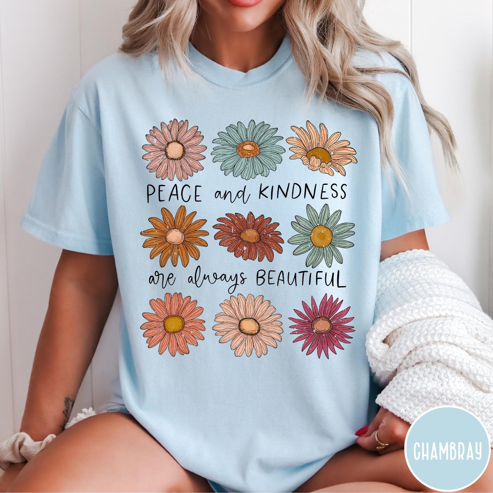 Comfort Colors tee in Chambray featuring floral design with Peace and Kindness are always beautiful text graphic
