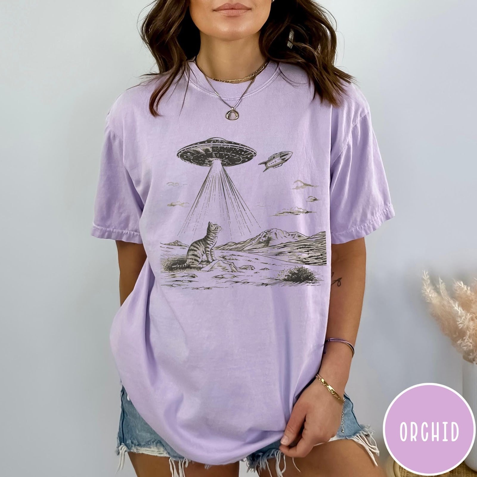 Comfort Colors tee in Orchid featuring retro graphic style cat and UFO abduction scene in black ink