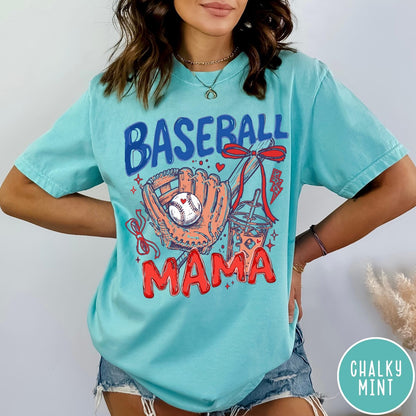Comfort Colors tee in Chalky Mint featuring baseball design with glove, ball, iced coffee, and red bow graphic
