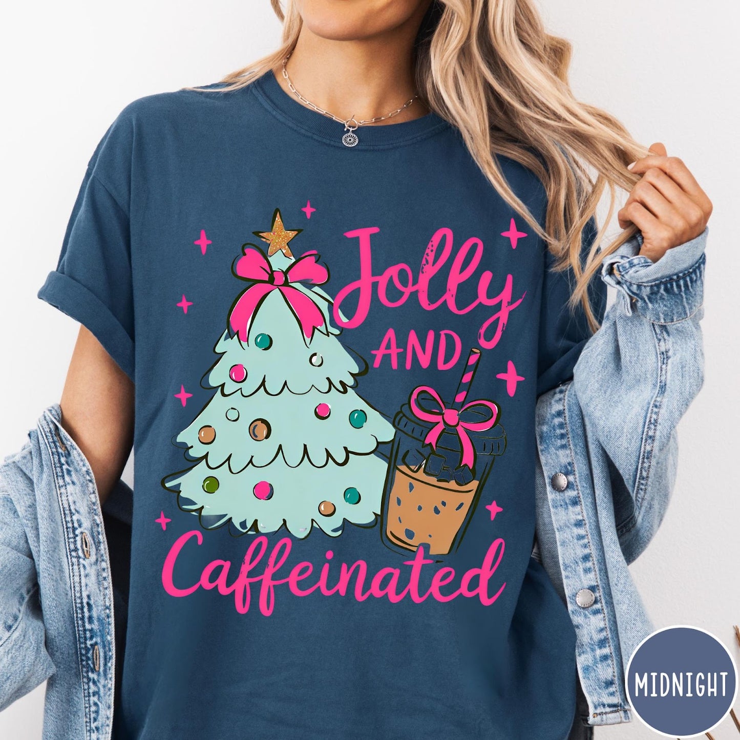 Comfort Colors tee in Midnight featuring festive holiday style with a Christmas tree and iced coffee graphic