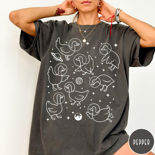 Comfort Colors tee in Pepper featuring line art graphic of multiple geese wearing astronaut helmets in space