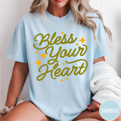 Comfort Colors tee in Chambray featuring script lettering and star accents with the phrase Bless Your Heart