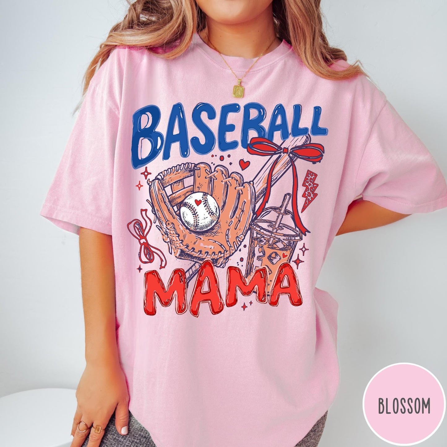 Comfort Colors tee in Blossom featuring baseball graphic with glove, iced coffee, and red bows