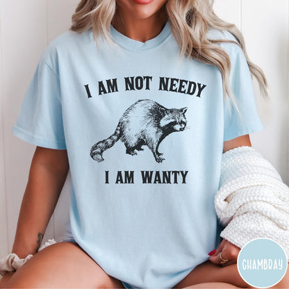 Comfort Colors tee in Chambray featuring vintage style graphic of a raccoon with text I Am Not Needy