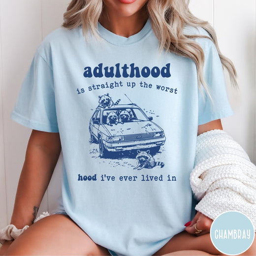 Comfort Colors tee in Chambray featuring illustrated style graphic of raccoons sitting in and around a car