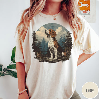 Comfort Colors tee in Ivory featuring vintage style graphic of a beagle sitting in a forest scene