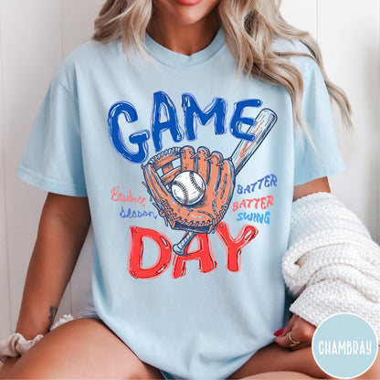 Comfort Colors tee in Chambray featuring baseball design with glove, ball, bat, and Game Day text graphic