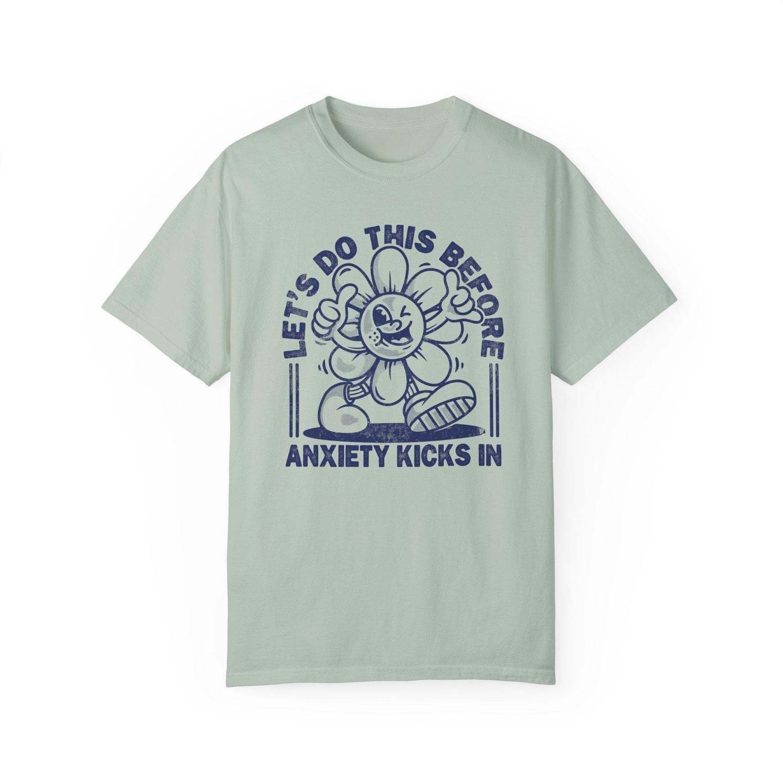 Comfort Colors tee in Bay featuring retro graphic style winking flower character with anxiety text design
