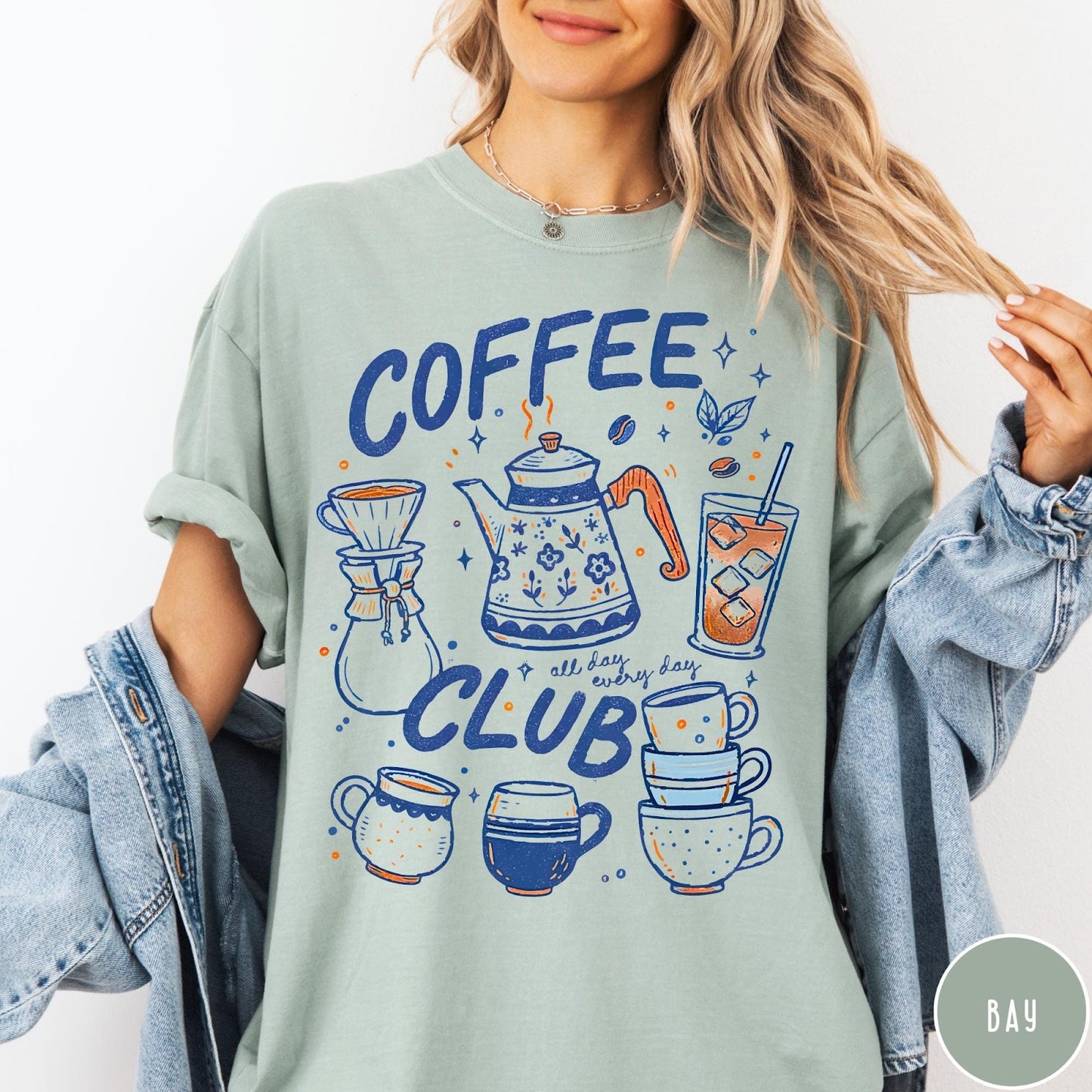 Comfort Colors tee in Bay featuring retro graphic with coffee pots, mugs, and iced coffee drink illustration