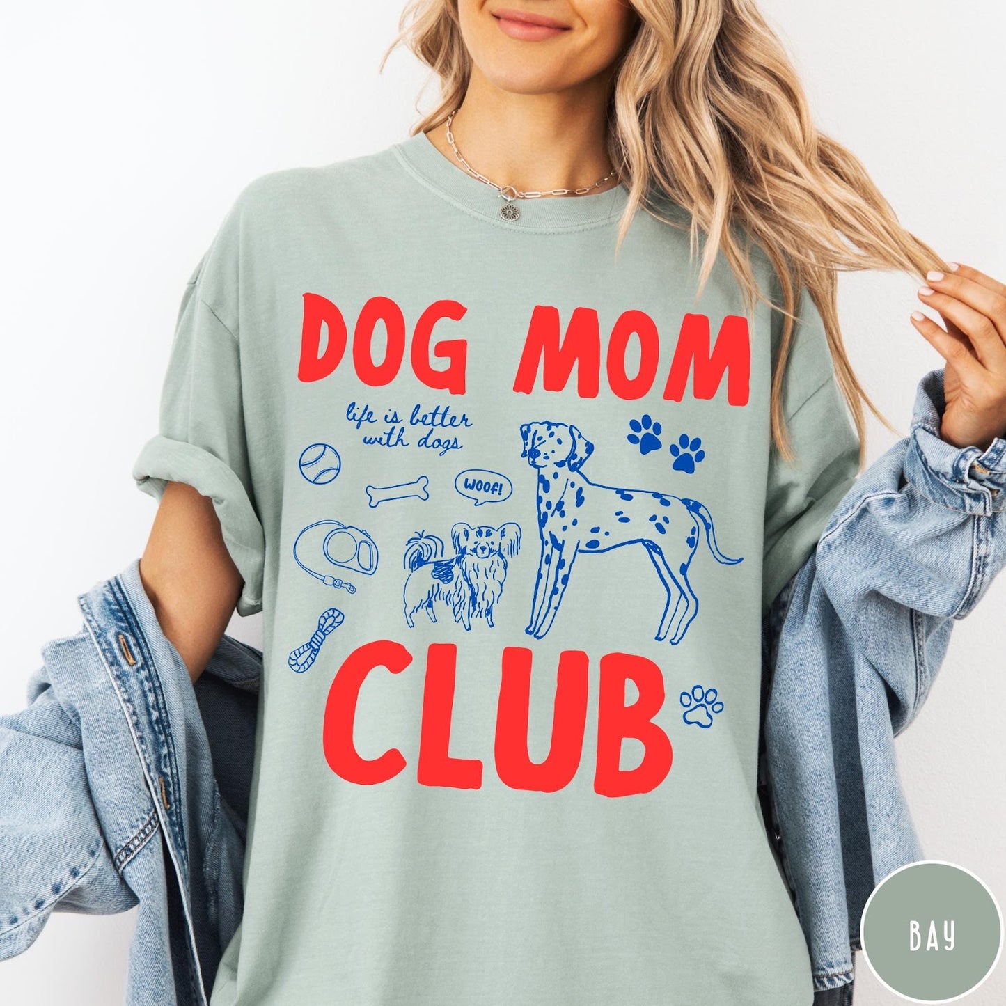 Comfort Colors tee in Bay featuring playful dog-themed graphic with Dalmatian and text Dog Mom Club