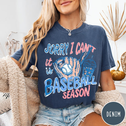 Comfort Colors tee in Denim featuring baseball style graphic with glove, ball, bat, and iced coffee drink