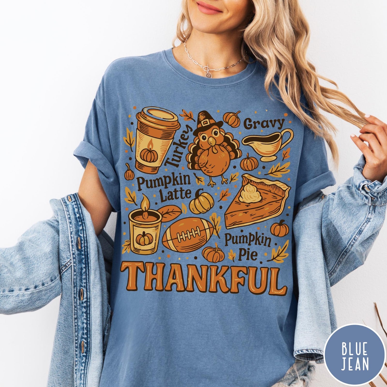 Comfort Colors tee in Blue Jean featuring retro Thanksgiving dinner items including turkey, pumpkin latte, and pumpkin pie graphic