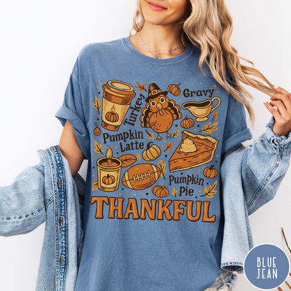 Comfort Colors tee in Blue Jean featuring retro Thanksgiving dinner items including turkey, pumpkin latte, and pumpkin pie graphic