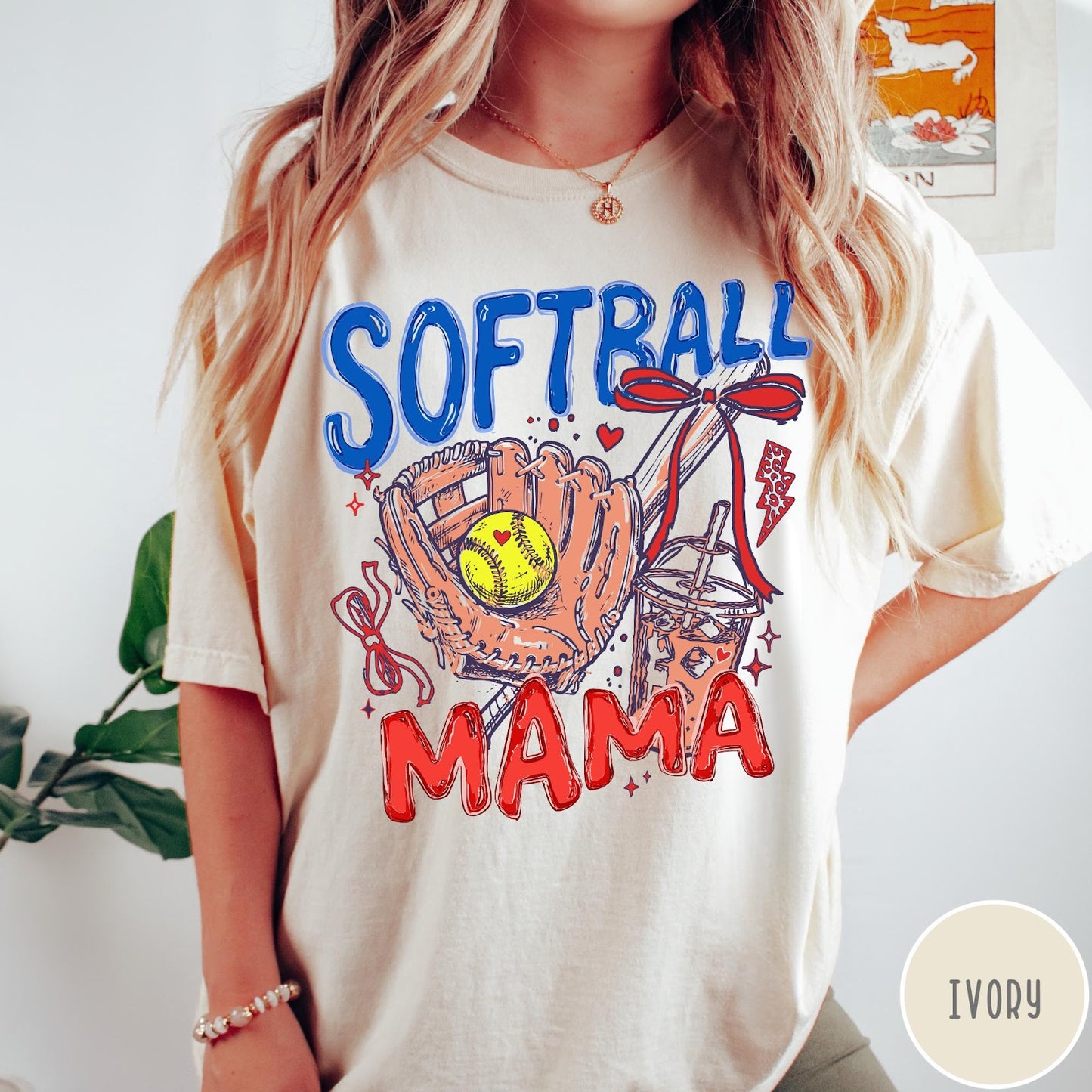 Comfort Colors tee in Ivory featuring softball mom graphic with glove, ball, bat, and iced coffee design