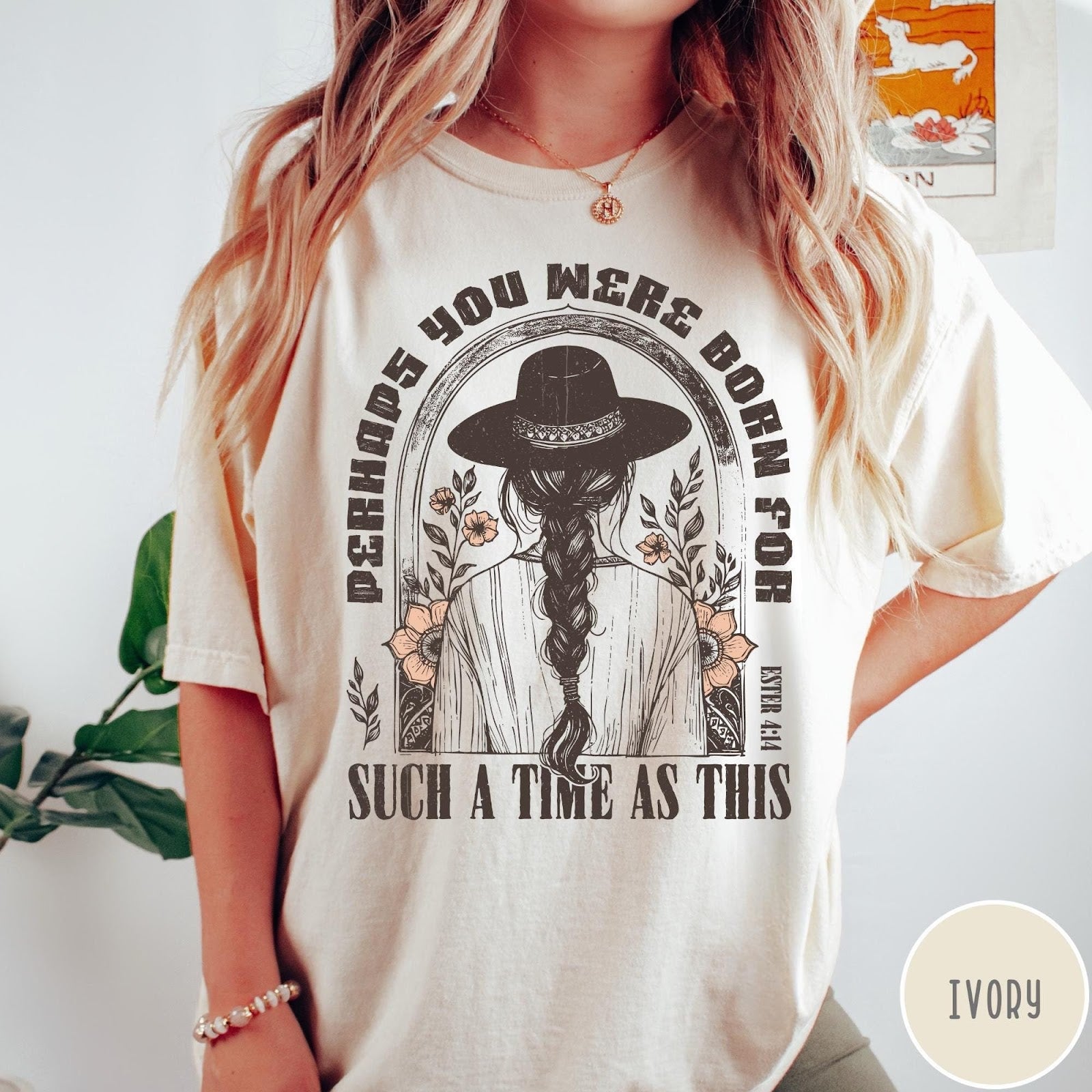 Comfort Colors tee in Ivory featuring boho style graphic of a woman in a hat with flowers