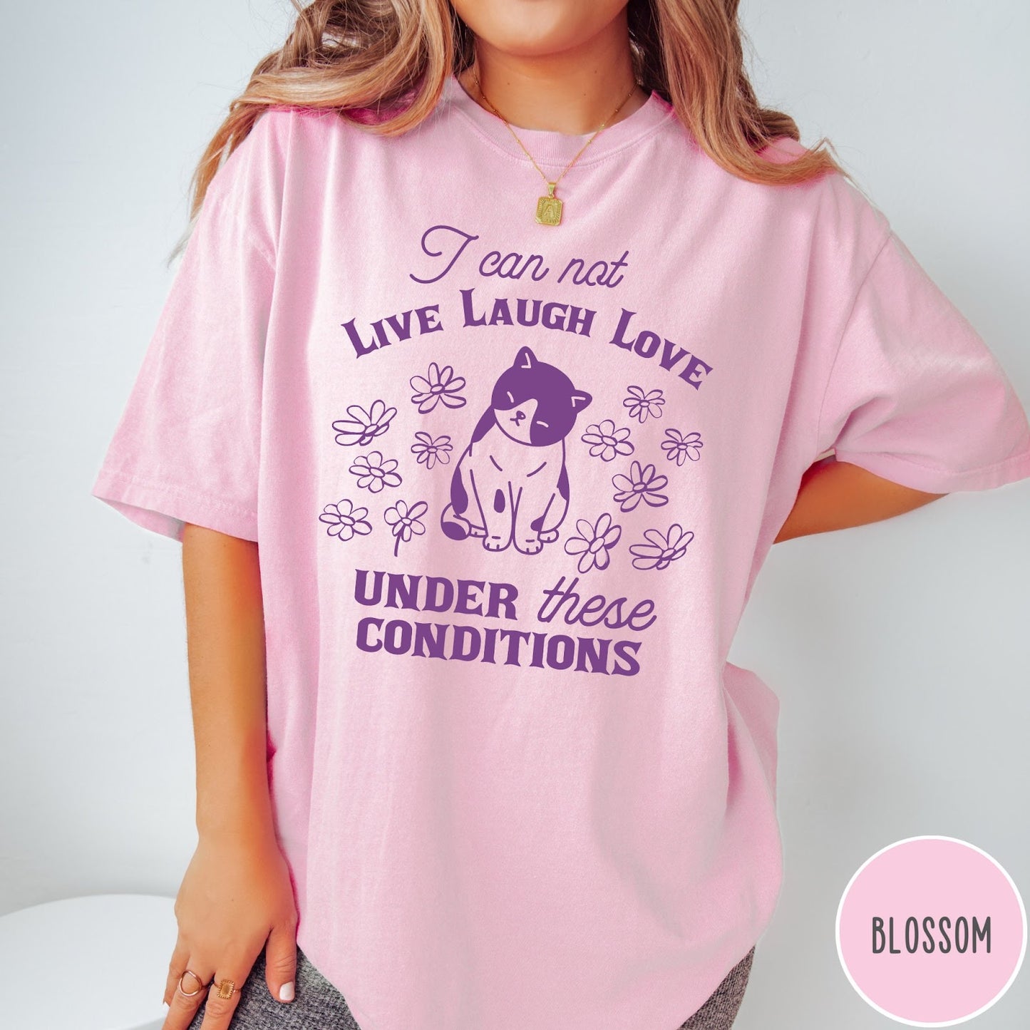Comfort Colors tee in Blossom featuring whimsical graphic style with a cat and flowers and text.