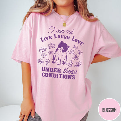 Comfort Colors tee in Blossom featuring whimsical graphic style with a cat and flowers and text.