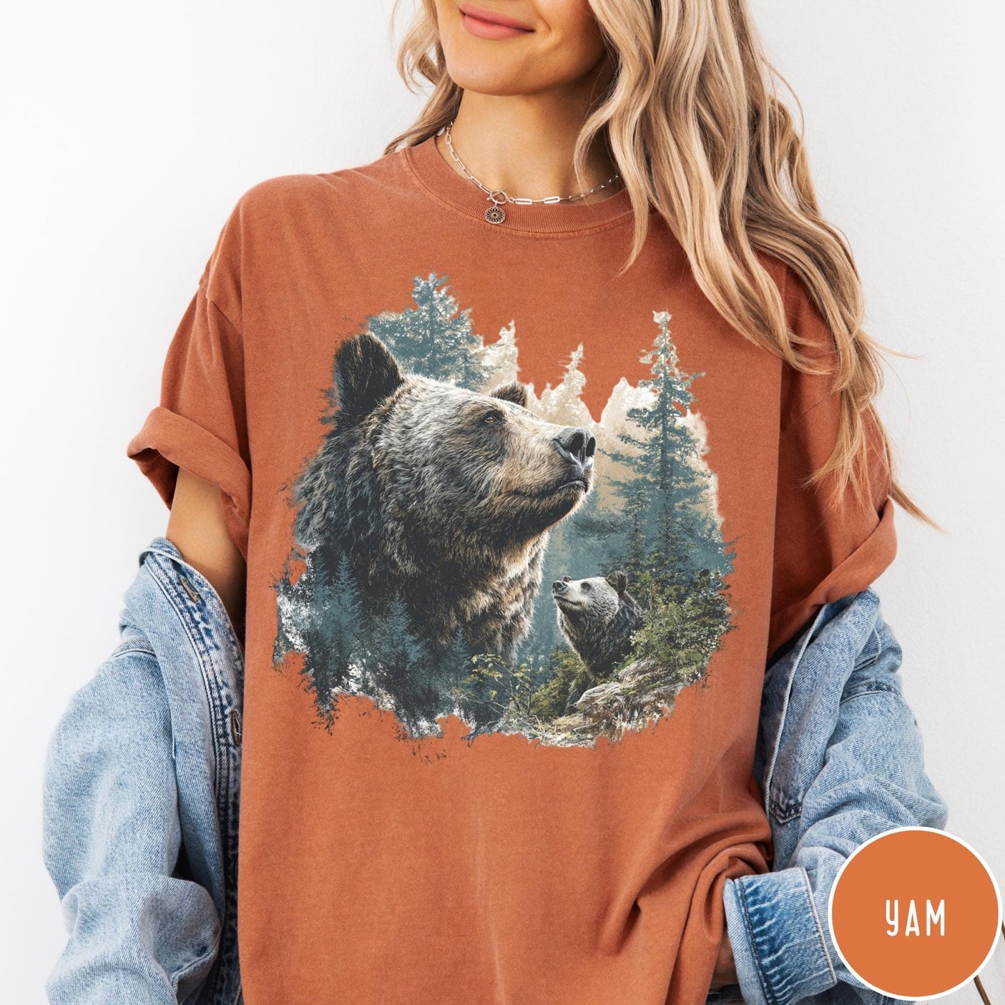 Comfort Colors tee in Yam featuring vintage nature graphic with two bears in a forest