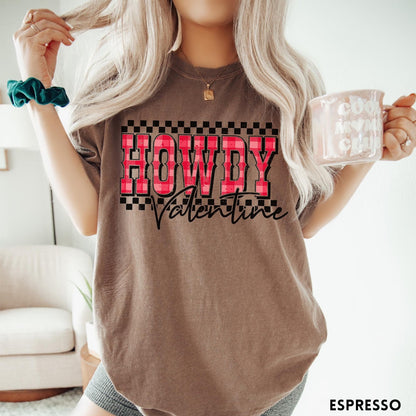 Comfort Colors tee in Espresso featuring western Valentine greeting with Howdy Valentine text and checkered border graphic