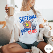 Comfort Colors tee in White featuring softball mom life graphic with baseball glove, ball, and iced coffee