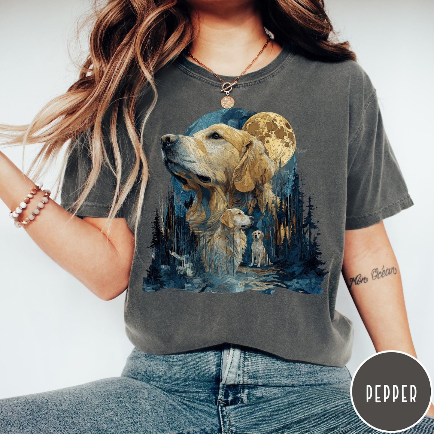 Comfort Colors tee in Pepper featuring artistic graphic design of Golden Retrievers in a moonlit forest scene