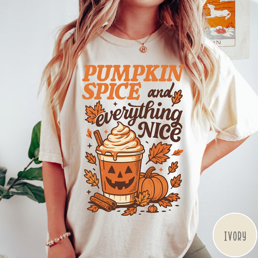 Comfort Colors tee in Ivory featuring autumn design with pumpkin spice latte and fall leaves graphic