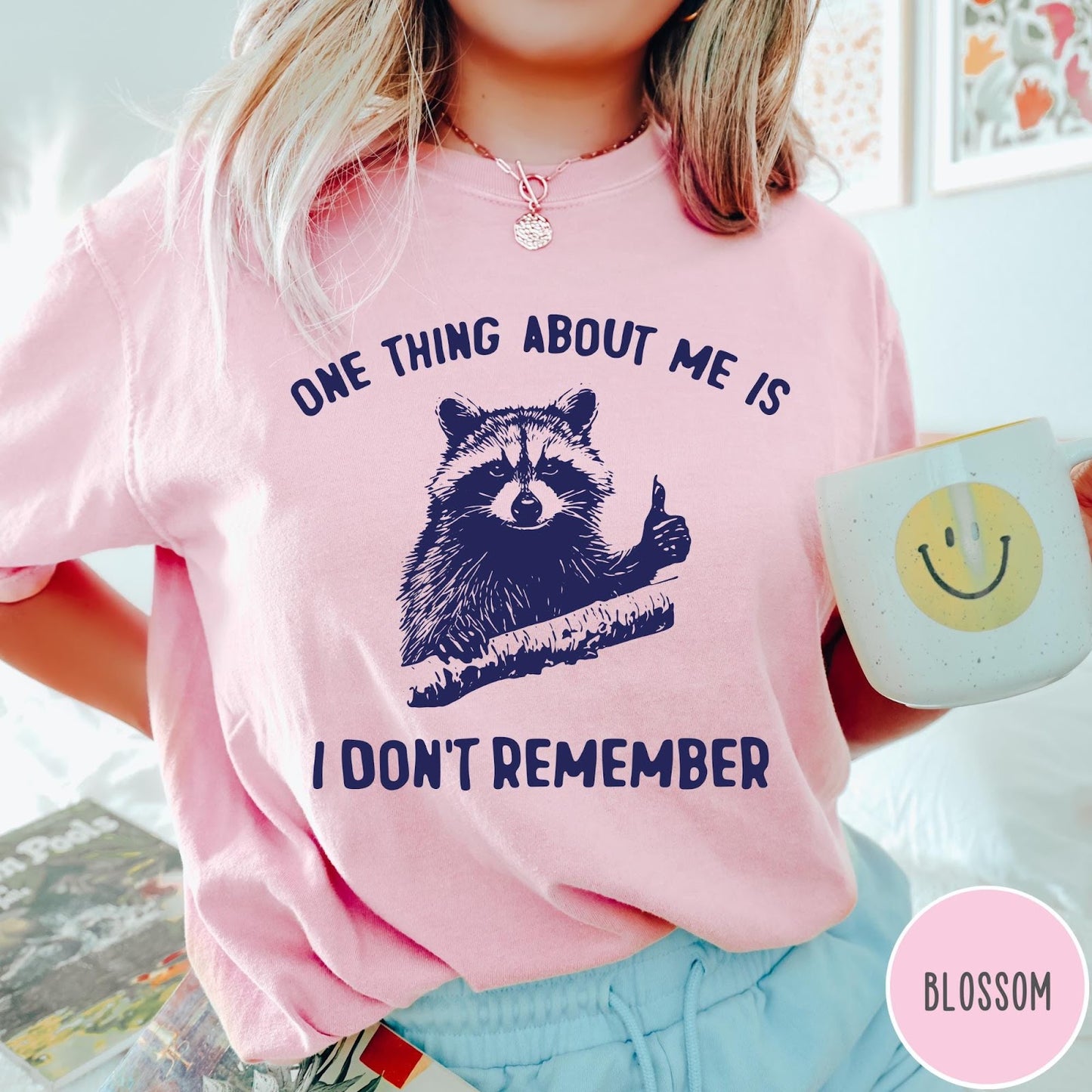 Comfort Colors tee in Blossom featuring screen print style graphic of a raccoon giving a thumbs up