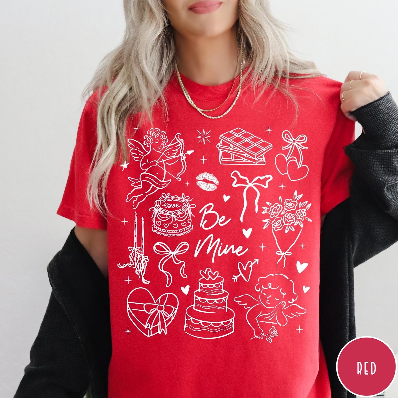 Comfort Colors tee in Red featuring Valentine's Day collage design with cupid, cake, flowers, and chocolate graphics