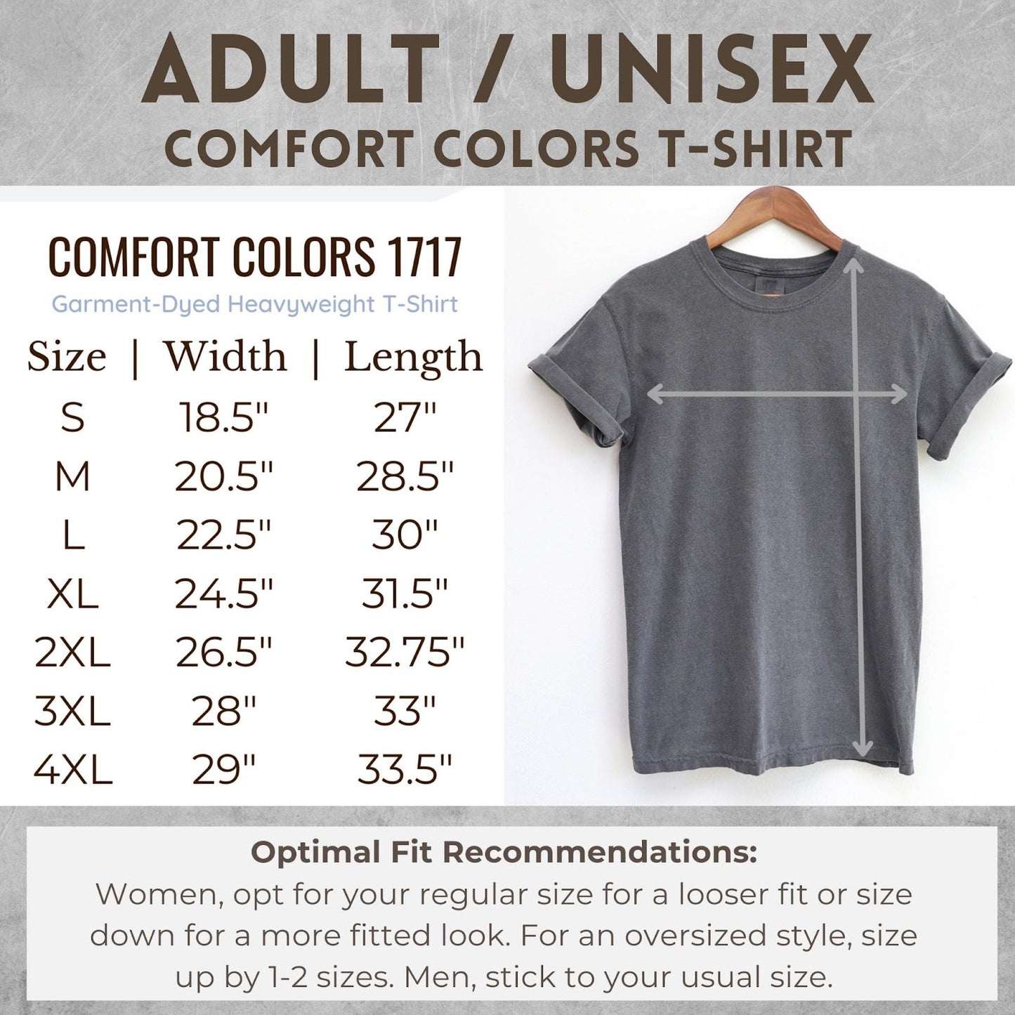 Comfort Colors tee size chart showing width and length measurements for sizes S through 4XL with fit recommendations