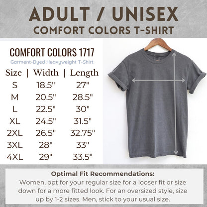 Comfort Colors tee size chart showing width and length measurements for sizes S through 4XL with fit recommendations