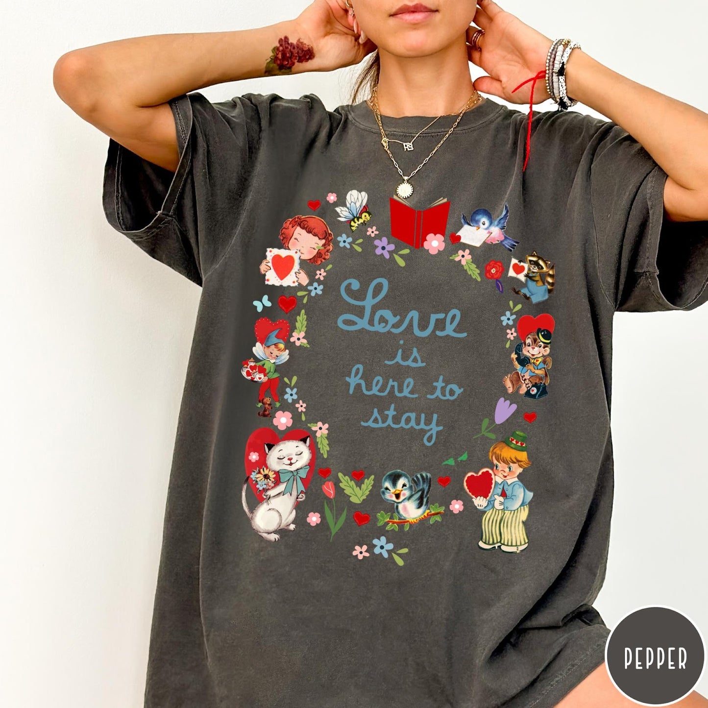 Comfort Colors tee in Pepper featuring vintage Valentine's collage with cute animals, flowers, and romantic text.