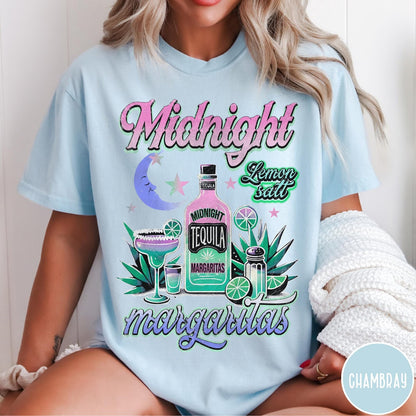 Comfort Colors tee in Chambray featuring retro style graphic with tequila bottle, margarita glass, and moon.