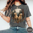 Comfort Colors tee in Pepper featuring vintage style graphic of two golden labrador dogs in a forest