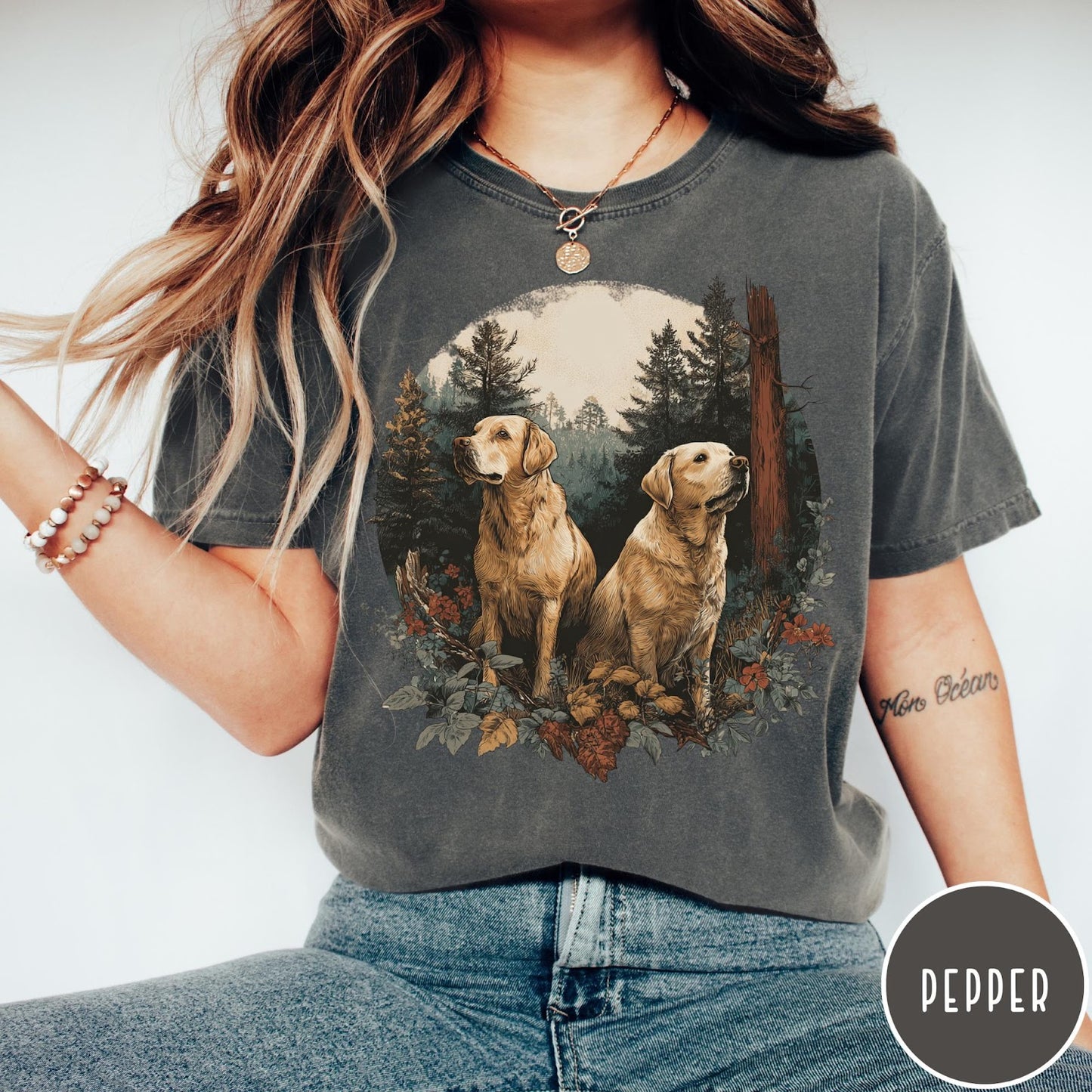 Comfort Colors tee in Pepper featuring vintage style graphic of two golden labrador dogs in a forest