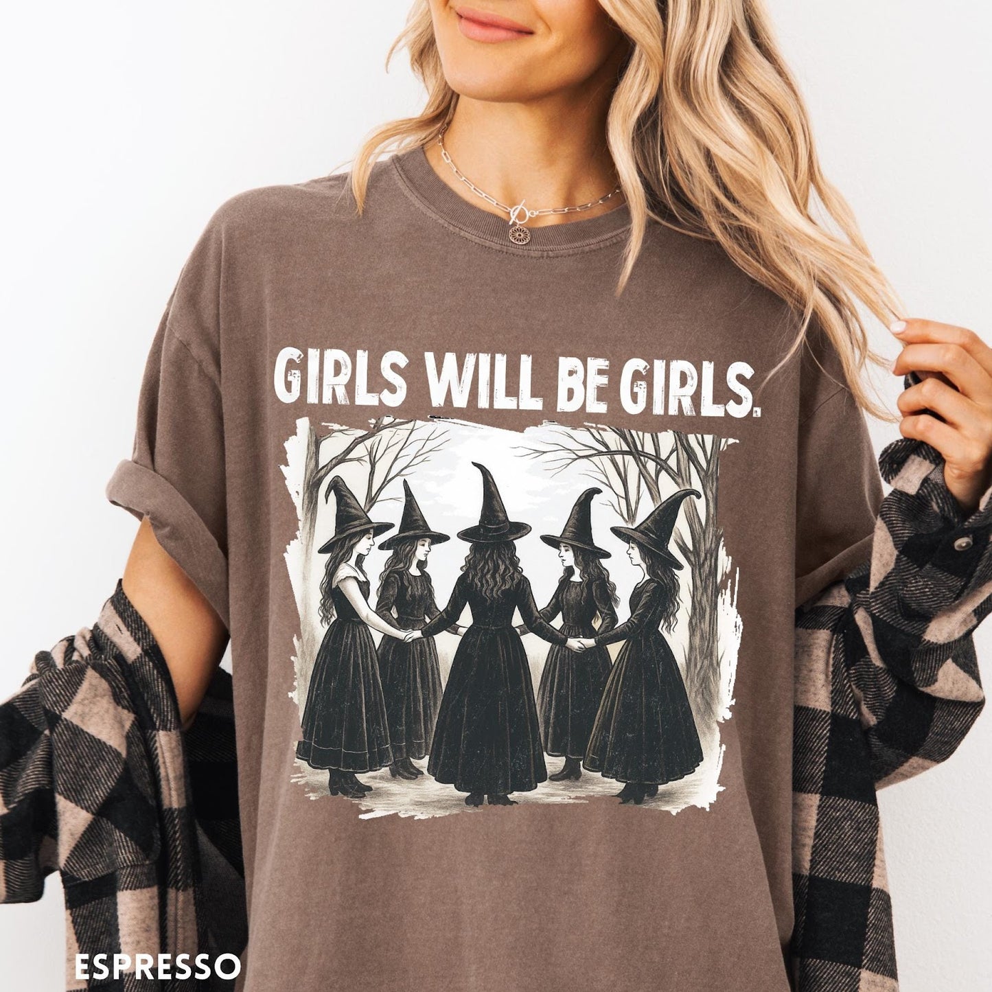Comfort Colors tee in Espresso featuring vintage style graphic of five witches holding hands in a circle