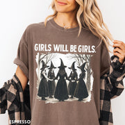 Comfort Colors tee in Espresso featuring vintage style graphic of five witches holding hands in a circle