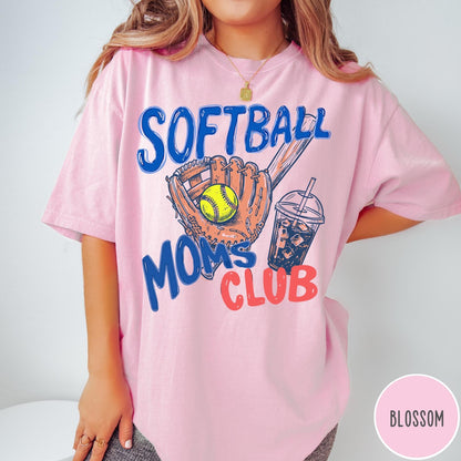 Comfort Colors tee in Blossom featuring softball mom life graphic with baseball glove, ball, and iced coffee