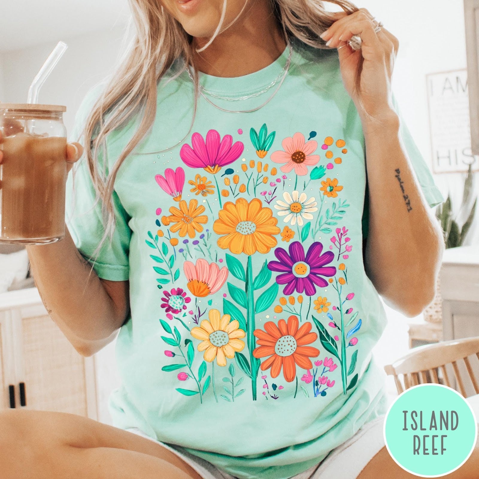 Comfort Colors tee in Island Reef featuring boho floral design with colorful hand-drawn style garden flowers