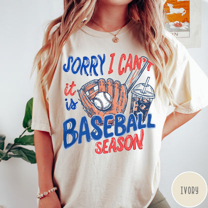Comfort Colors tee in Ivory featuring baseball style graphic with glove, ball, bat, and iced coffee drink