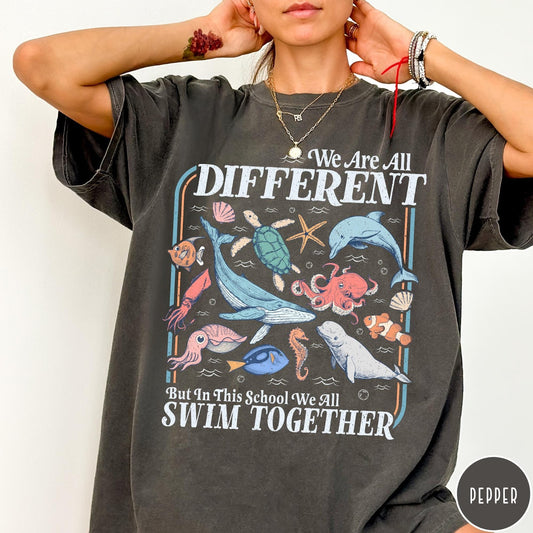 Comfort Colors tee in Pepper featuring vintage style graphic with ocean animals including a whale and octopus