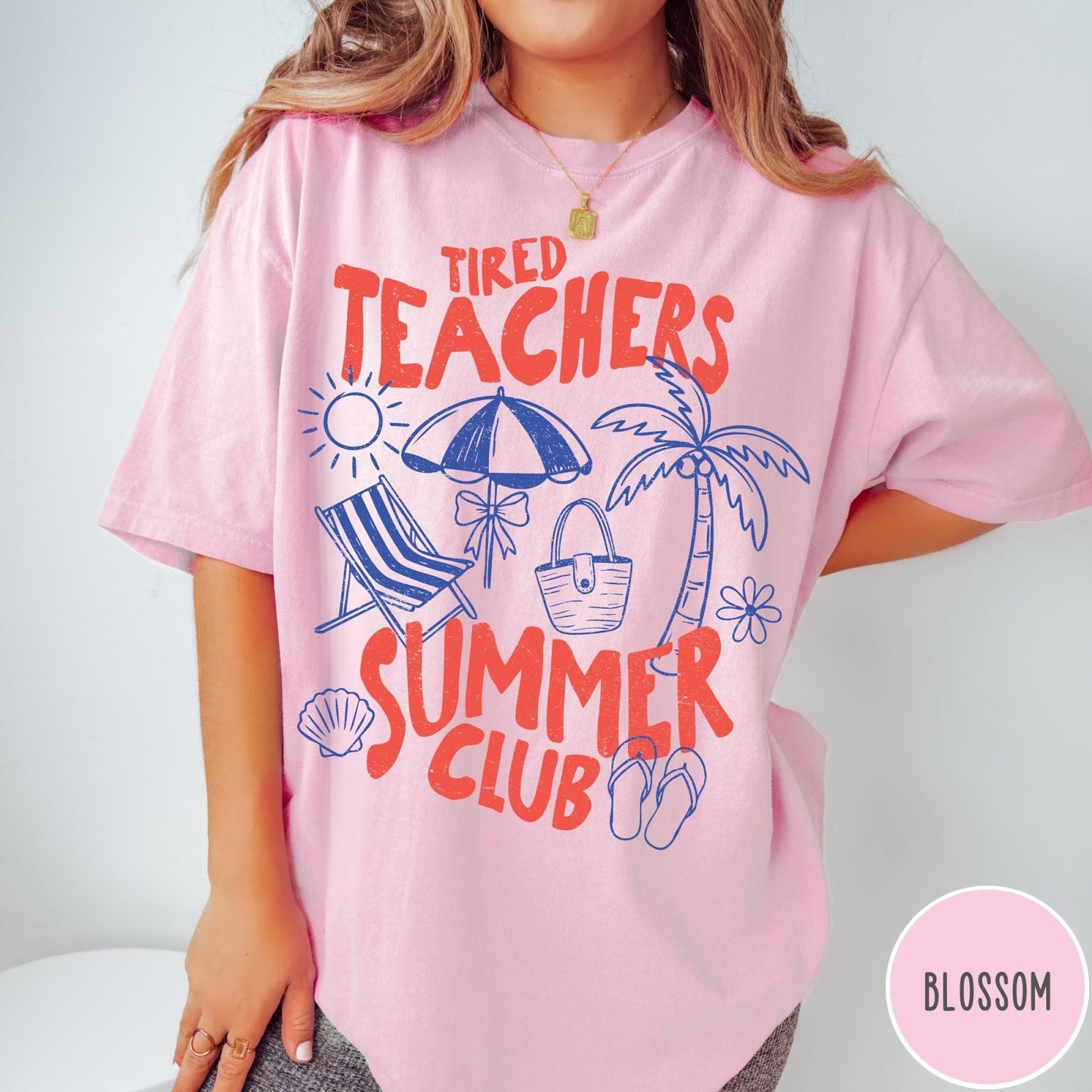 Comfort Colors tee in Blossom featuring summer vacation design with beach umbrella, palm tree, and sun graphics